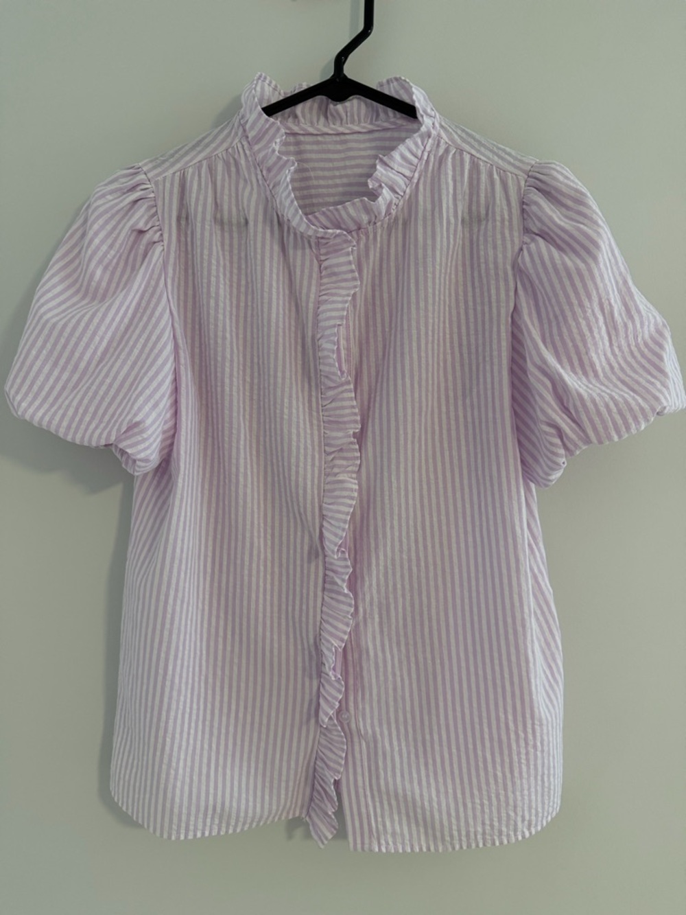 Women's Pink Stripe Ruffle-Front Blouse